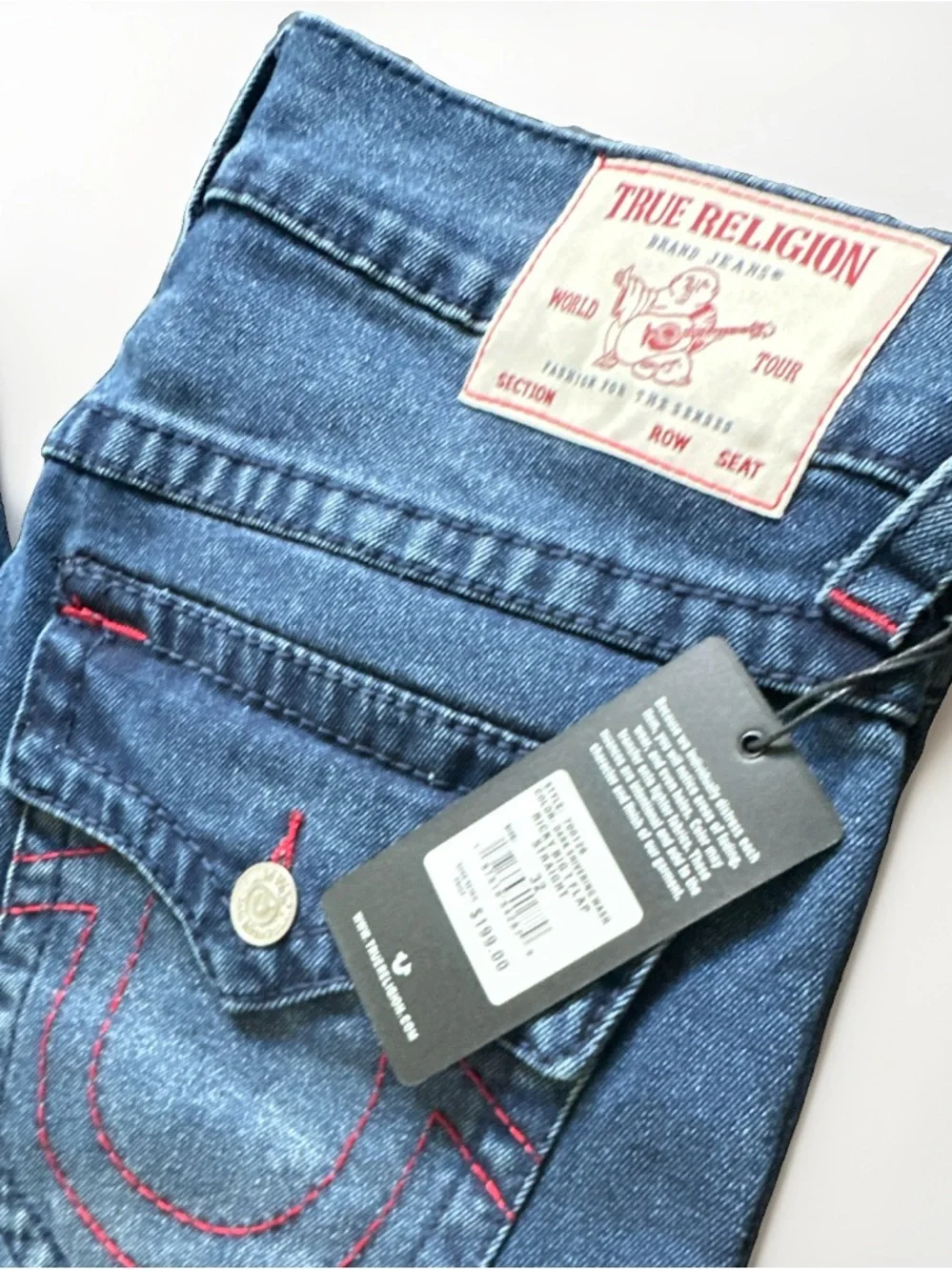 True Religion Ricky Big T Jeans Mens W32 L32 Dark Wash Red Stitch Flap